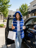 28" Hooded Horizontal Dyed Electric Blue Vest with White Mink Inserts and White Zipper
