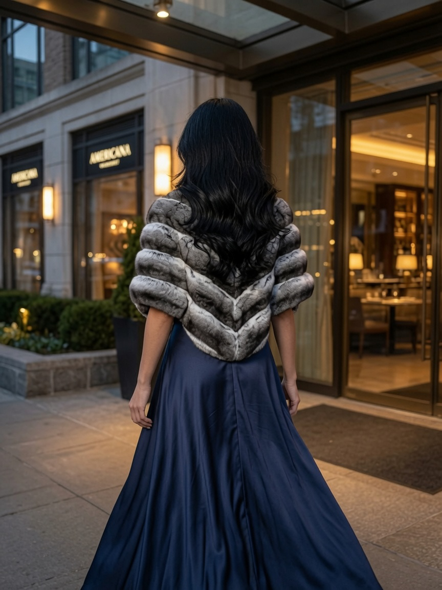 19" Natural Chinchilla Caplet with Armholes, Chevron Design, Stand Collar