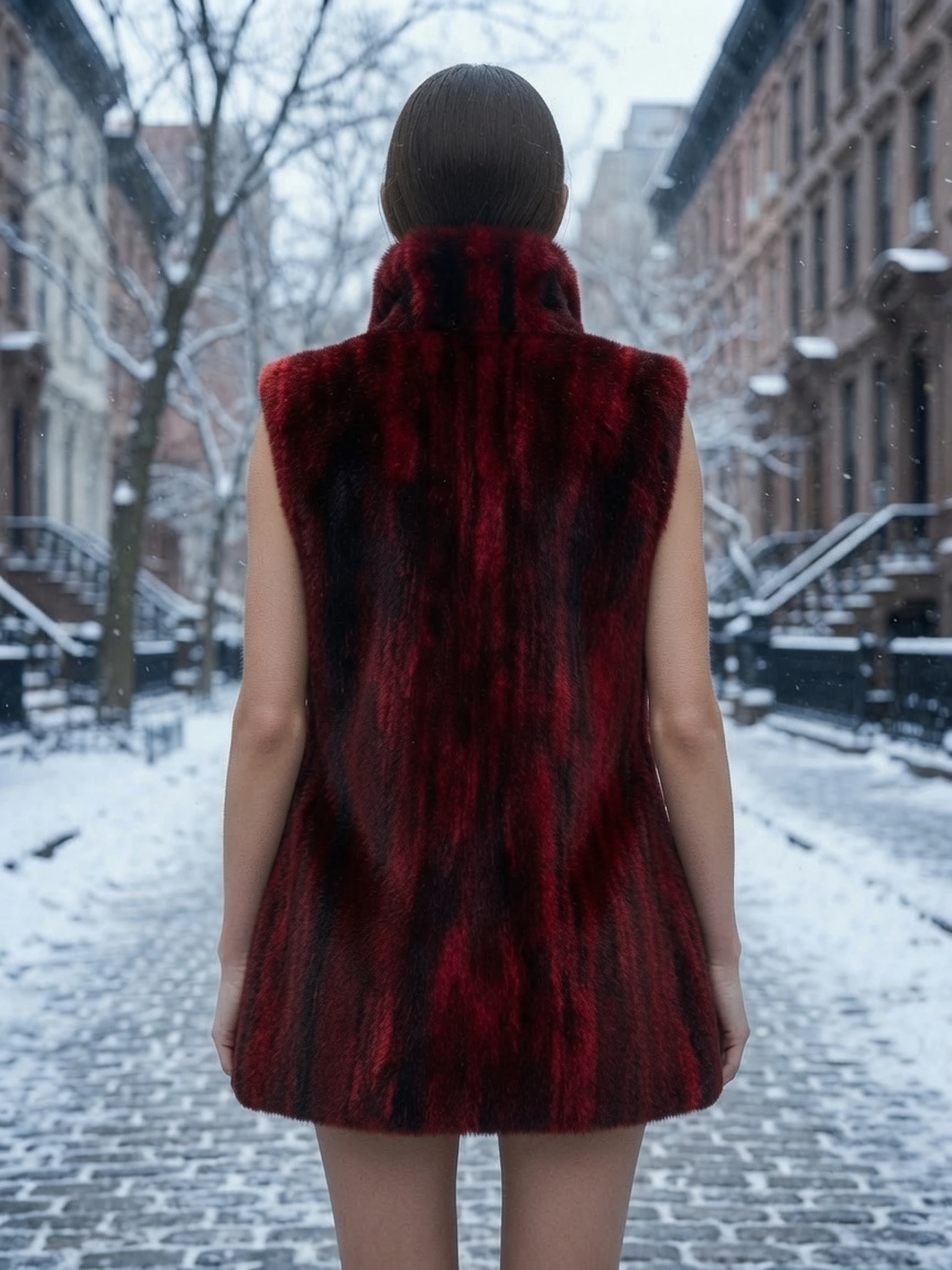 25" Merlot Red Paintbrush Sheared Beaver Vest, Stand Collar, Zipper Front