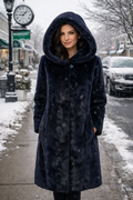 38" Hooded Dyed Navy Sheared Mink Sections, Reversible to Black Water Repellant Taffeta