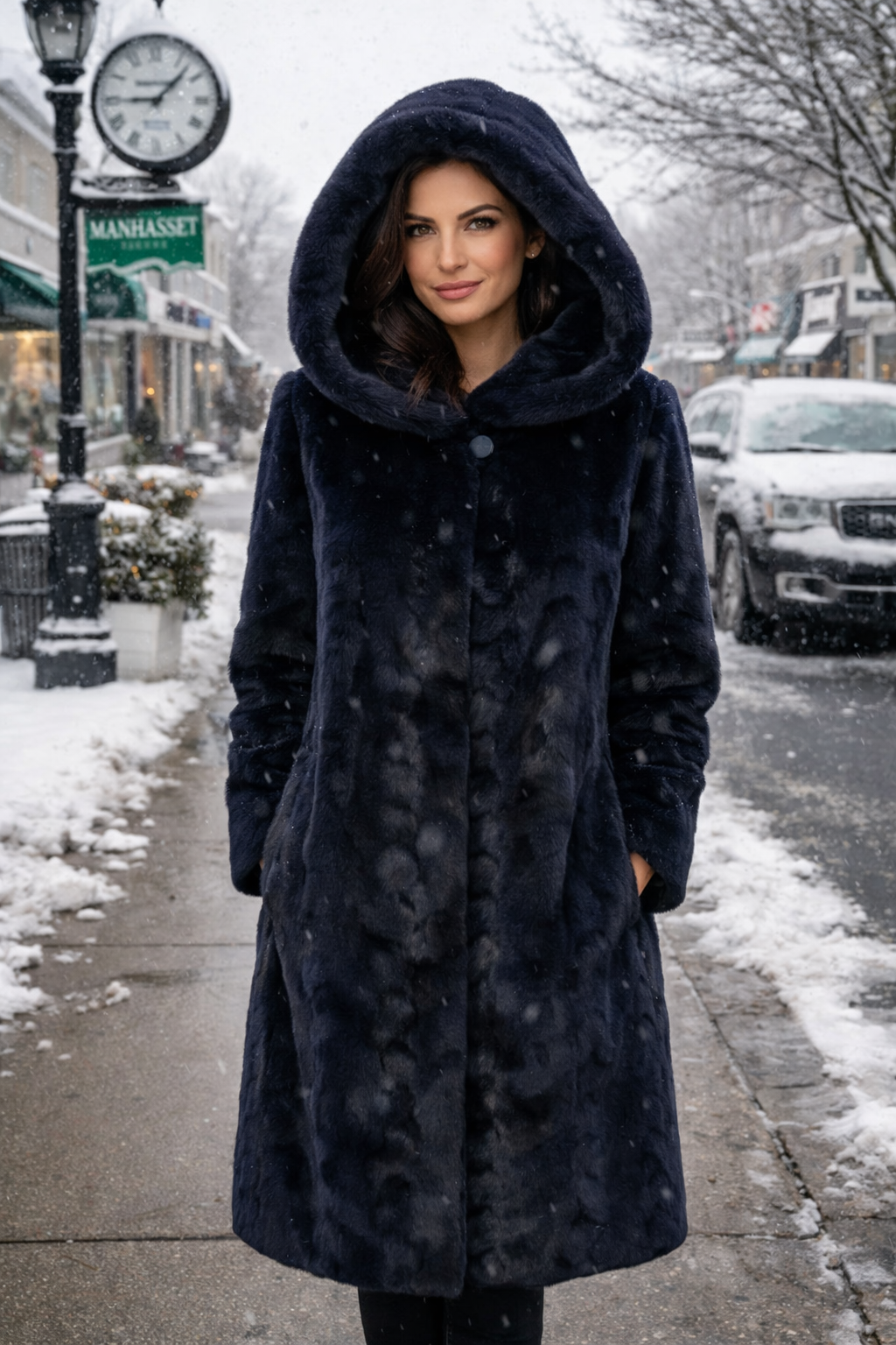 38" Hooded Dyed Navy Sheared Mink Sections, Reversible to Black Water Repellant Taffeta