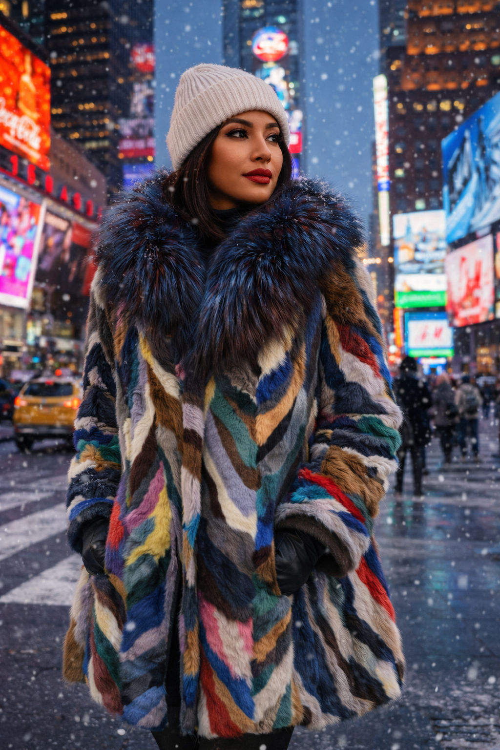 42" Dyed Multi Colored Mink Sections 7/8ths Coat, Dyed Blue with Burgundy Undertones Silver Fox Collar