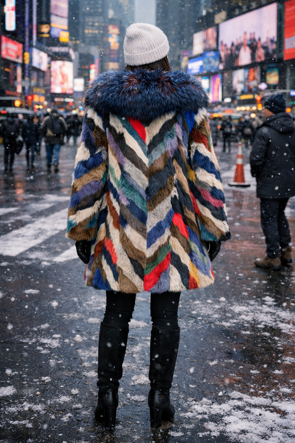 42" Dyed Multi Colored Mink Sections 7/8ths Coat, Dyed Blue with Burgundy Undertones Silver Fox Collar
