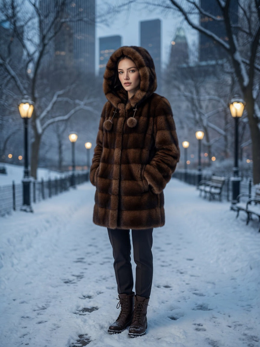Mahogany Mink Horizontal Hooded 3/4 Parka, Drawstring with Pom Poms