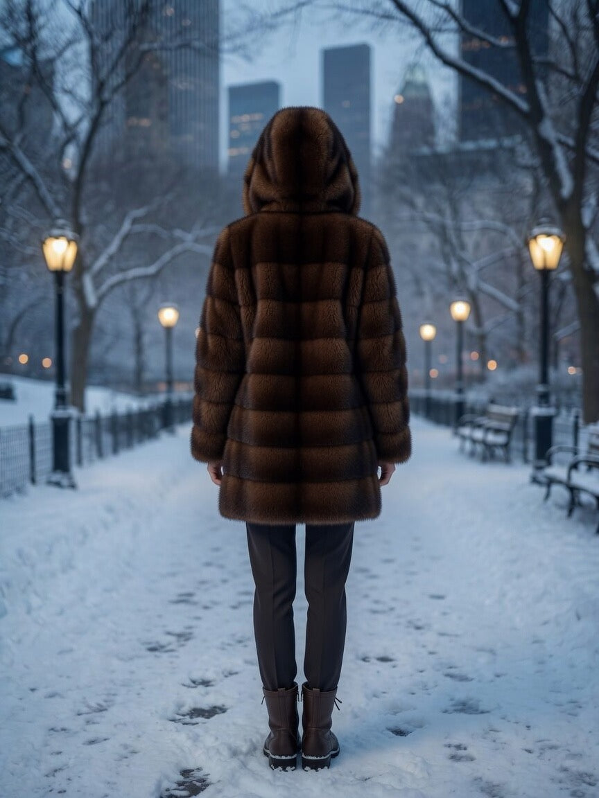 Mahogany Mink Horizontal Hooded 3/4 Parka, Drawstring with Pom Poms