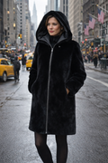 35" Dyed Black Sheared Mink Hooded Reversible to Black Water Repellant Taffeta, Zipper Front, Drawstring at Hood