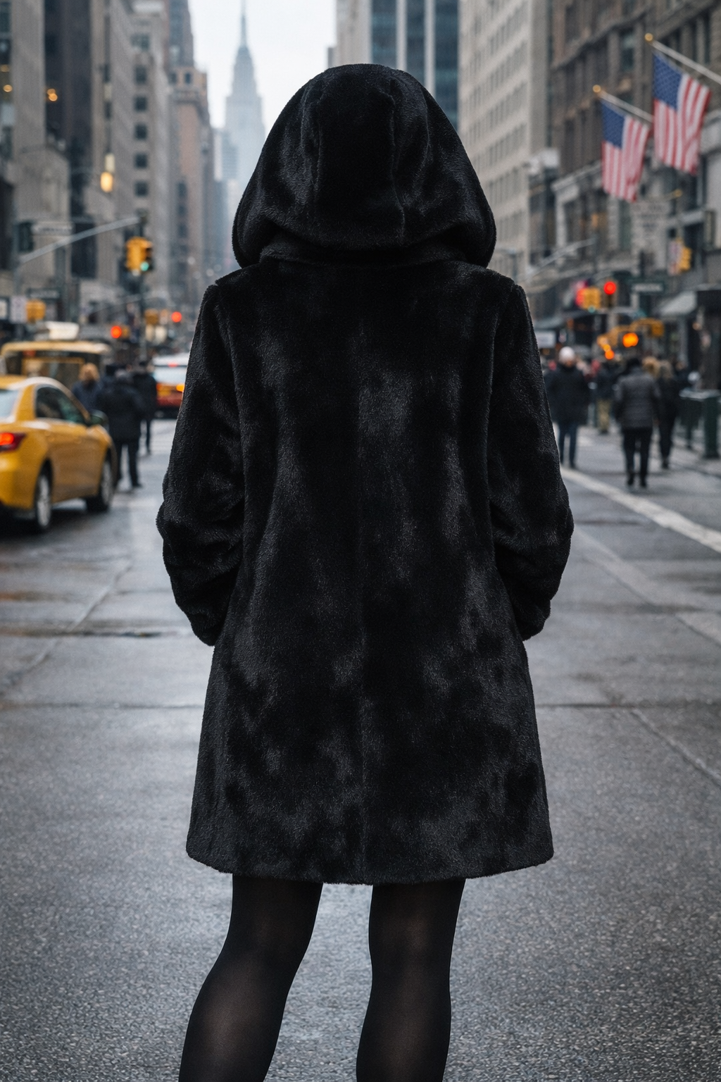 35" Dyed Black Sheared Mink Hooded Reversible to Black Water Repellant Taffeta, Zipper Front, Drawstring at Hood