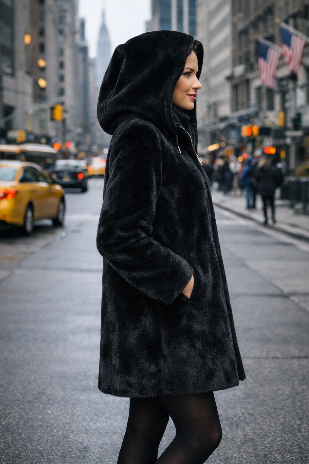 35" Dyed Black Sheared Mink Hooded Reversible to Black Water Repellant Taffeta, Zipper Front, Drawstring at Hood