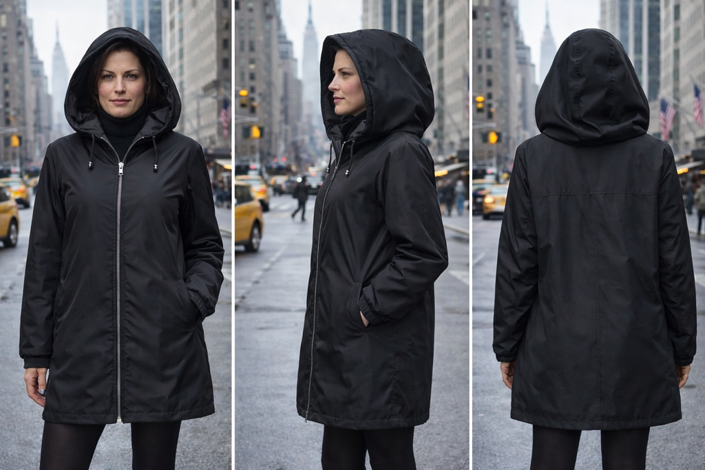 35" Dyed Black Sheared Mink Hooded Reversible to Black Water Repellant Taffeta, Zipper Front, Drawstring at Hood