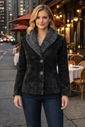 25" Ultra Sheared Dark Brown Fitted Mink Blazer with Black Swakara Shawl Collar