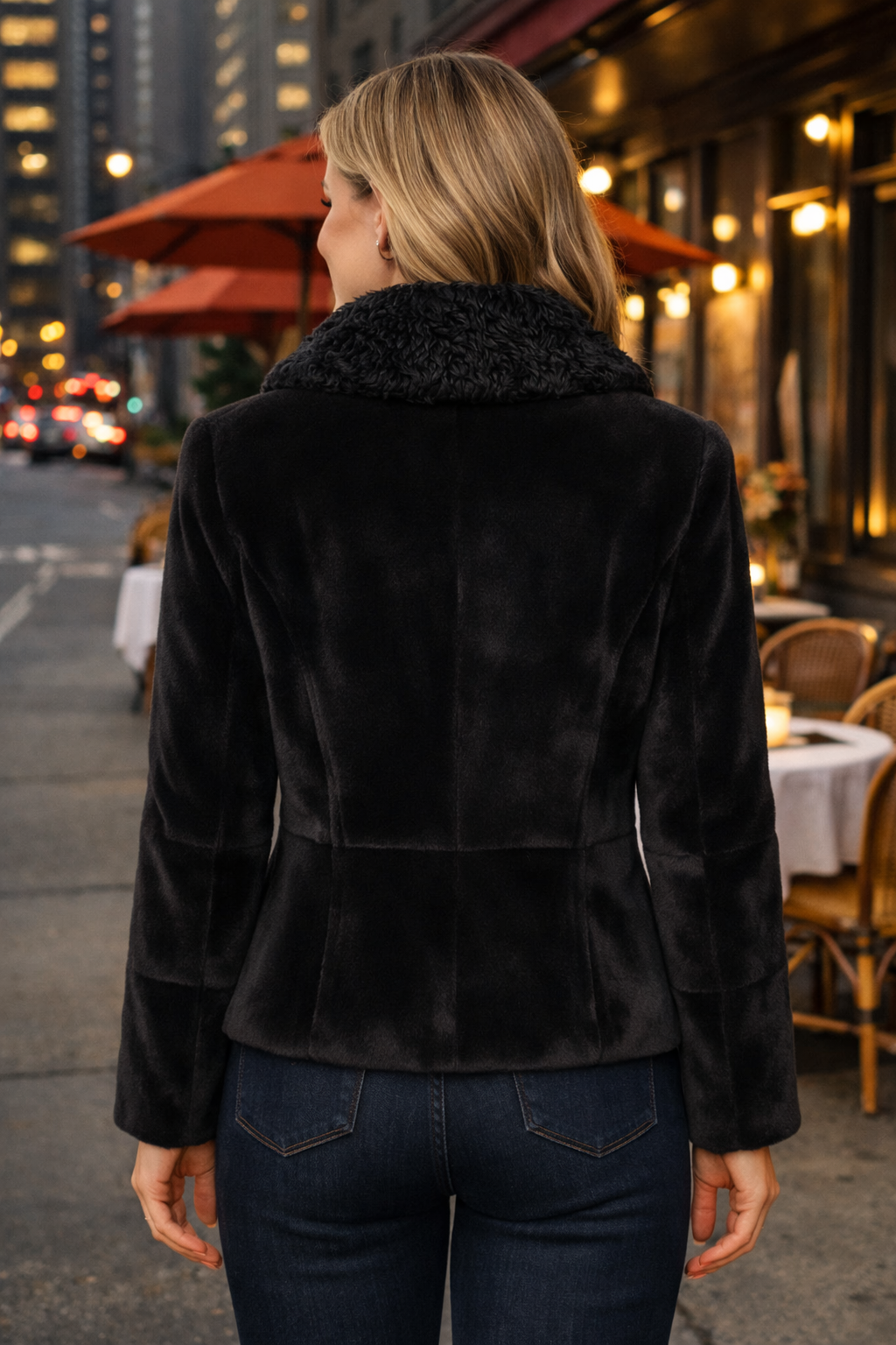 25" Ultra Sheared Dark Brown Fitted Mink Blazer with Black Swakara Shawl Collar