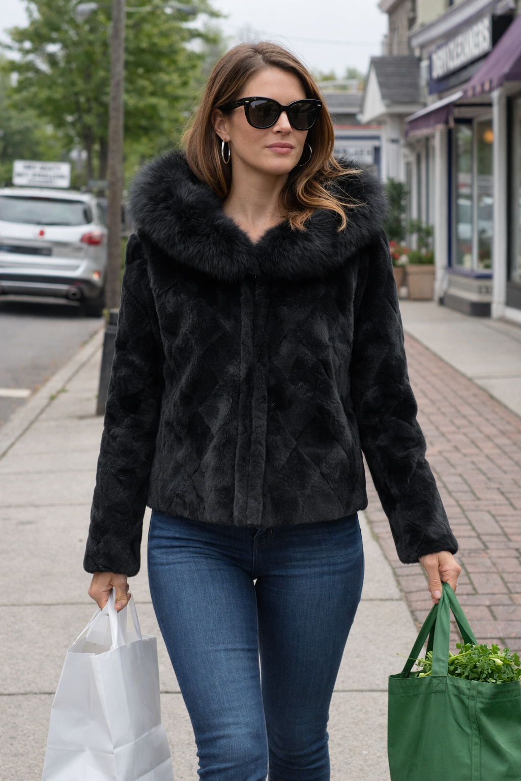 25" Dyed Black Diamond Sculptured Mink Zip Jacket, Reversible,Hooded with Dyed Black Fox Trim