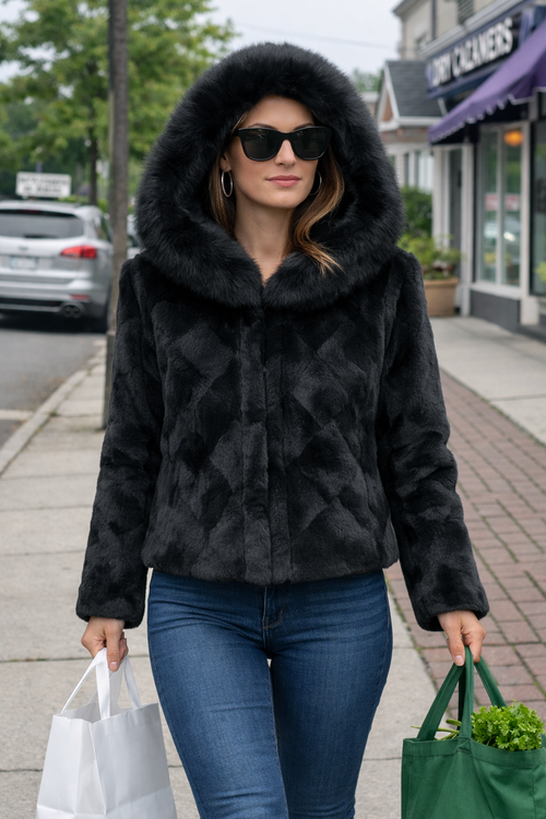 25" Dyed Black Diamond Sculptured Mink Zip Jacket, Reversible,Hooded with Dyed Black Fox Trim