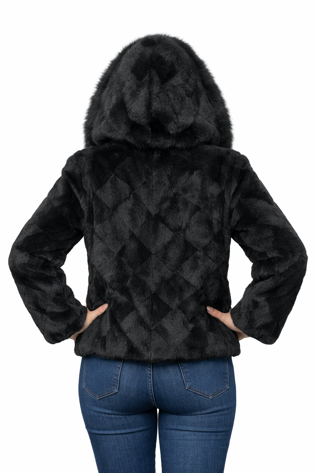 25" Dyed Black Diamond Sculptured Mink Zip Jacket, Reversible,Hooded with Dyed Black Fox Trim