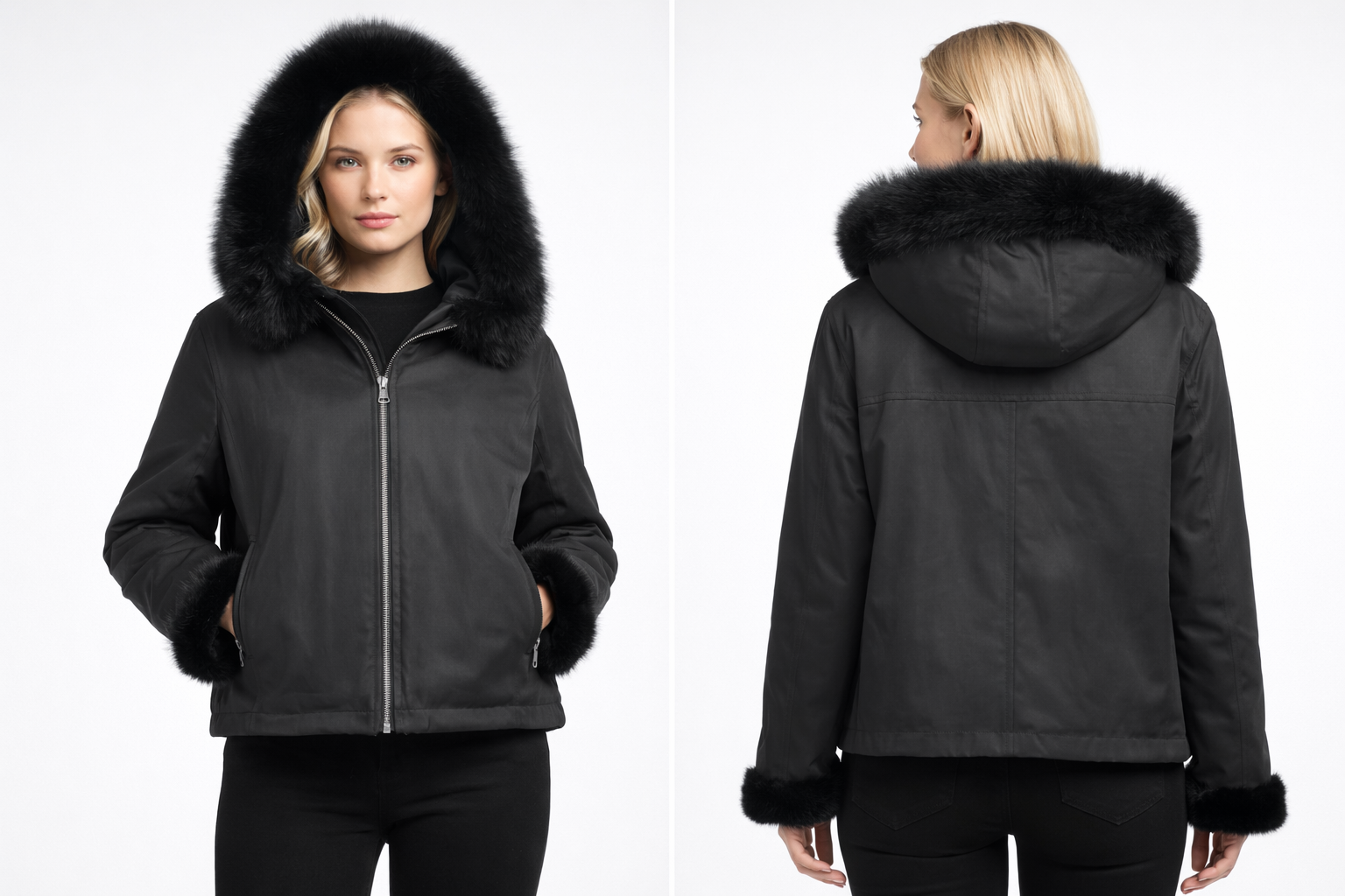 25" Dyed Black Diamond Sculptured Mink Zip Jacket, Reversible,Hooded with Dyed Black Fox Trim