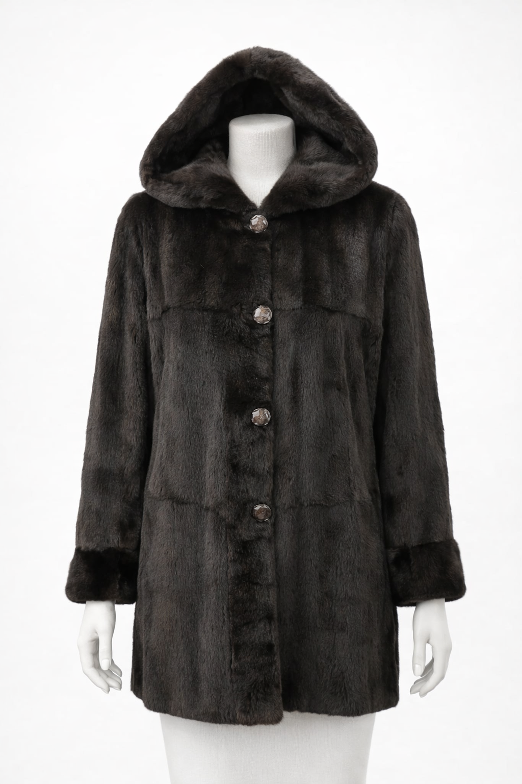 35" Dyed Brown Plucked Mink Hooded Reversible to Brown water Repellant Silk Taffeta