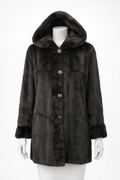 35" Dyed Brown Plucked Mink Hooded Reversible to Brown water Repellant Silk Taffeta