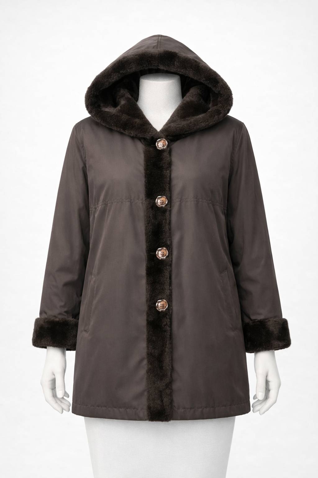 35" Dyed Brown Plucked Mink Hooded Reversible to Brown water Repellant Silk Taffeta