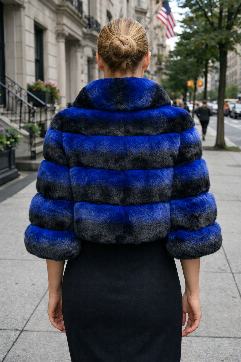 17" Dyed Blue Horizontal Natural Chinchilla Bolero, Stand Collar, 3/4 Sleeves