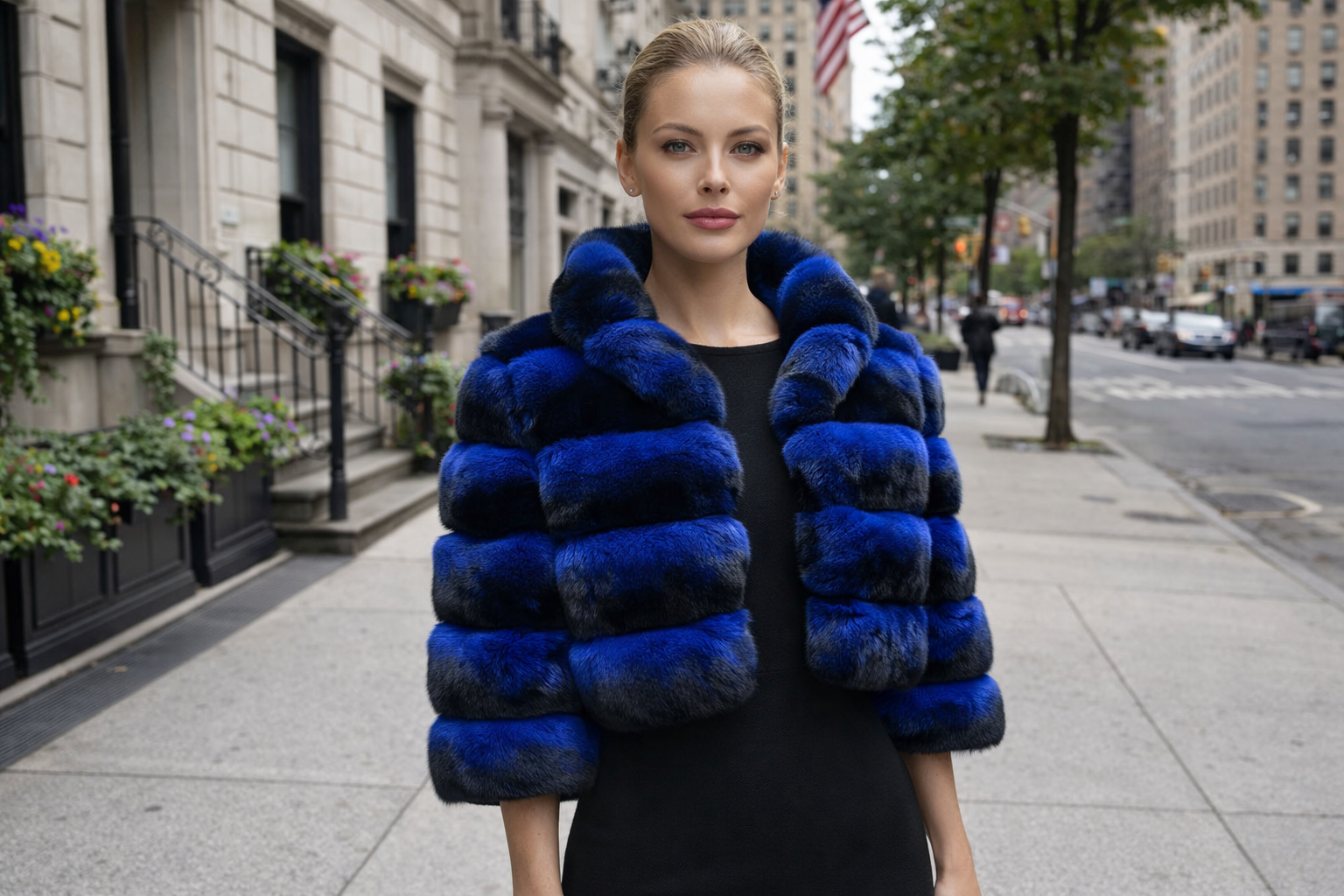 17" Dyed Blue Horizontal Natural Chinchilla Bolero, Stand Collar, 3/4 Sleeves