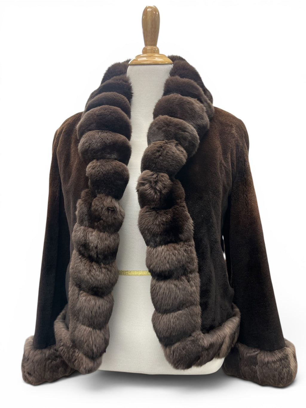 Pre-Owned 22" Dyed Brown Degrade Sheared Mink Jacket, Dyed Brown Natural Chinchilla Collar, Fronts, Bottom and Cuffs