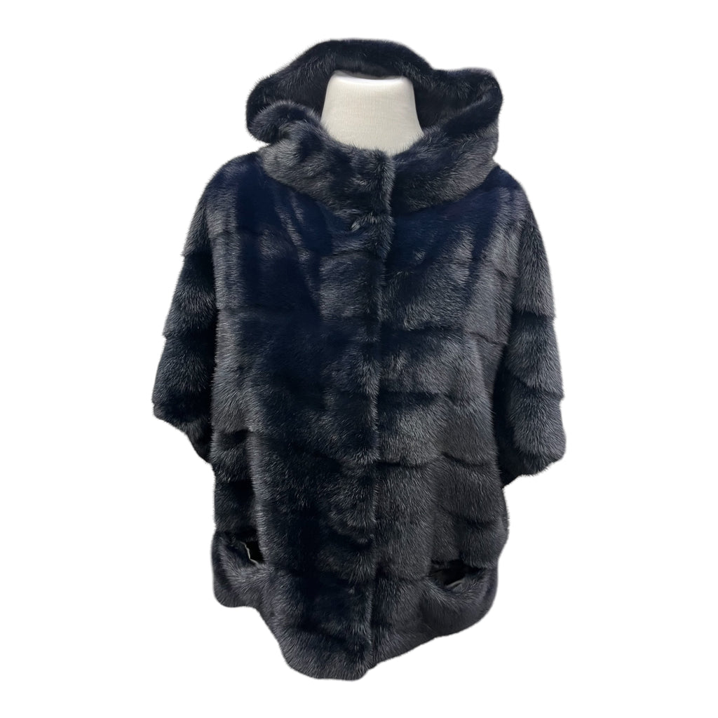 26" Dyed Navy Mink Horizontal Hooded Cape Vest with Horizontal Pockets