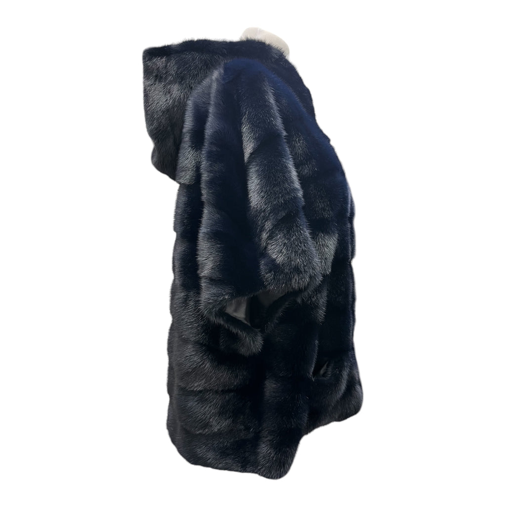 26" Dyed Navy Mink Horizontal Hooded Cape Vest with Horizontal Pockets