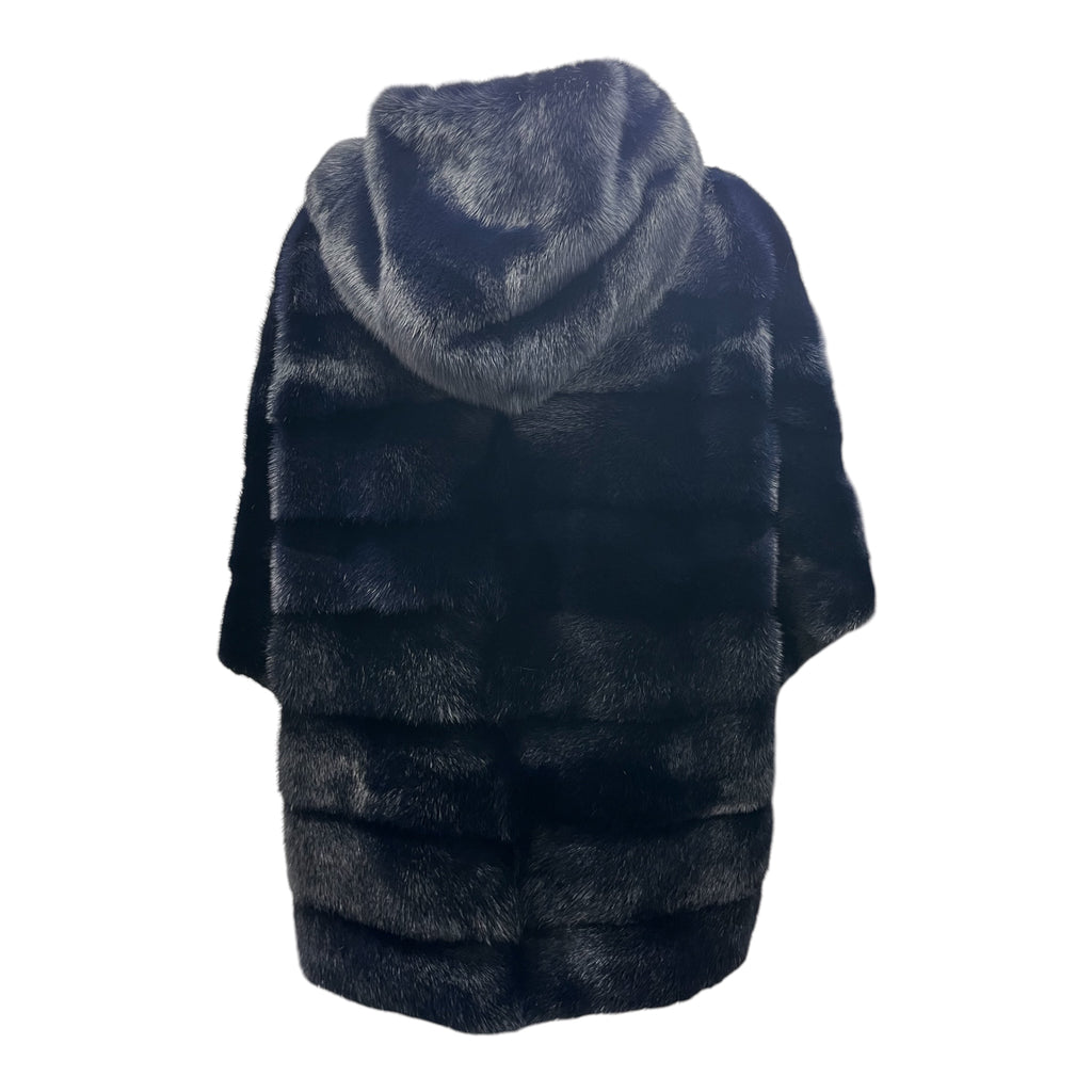 26" Dyed Navy Mink Horizontal Hooded Cape Vest with Horizontal Pockets
