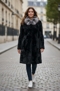 37" Black Swakara Lamb Coat, Chinchilla Wing Collar, Semi Fitted