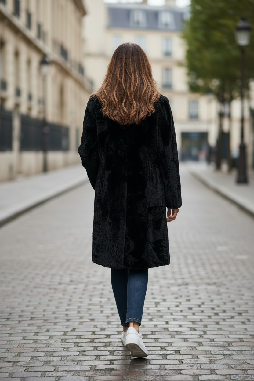 37" Black Swakara Lamb Coat, Chinchilla Wing Collar, Semi Fitted